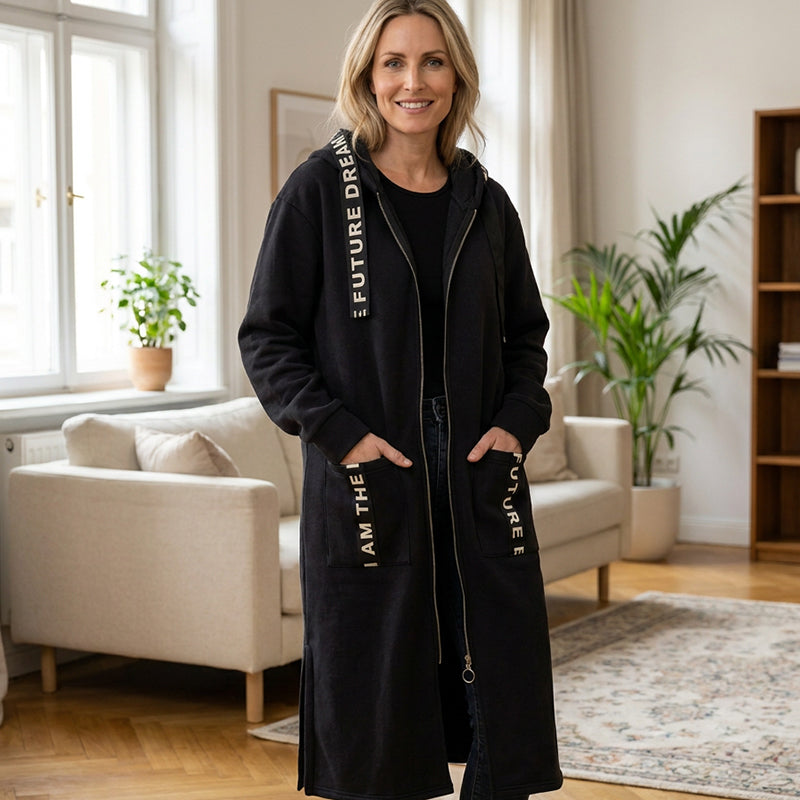 Romy | Langer Kapuzen-Mantel mit Reißverschluss