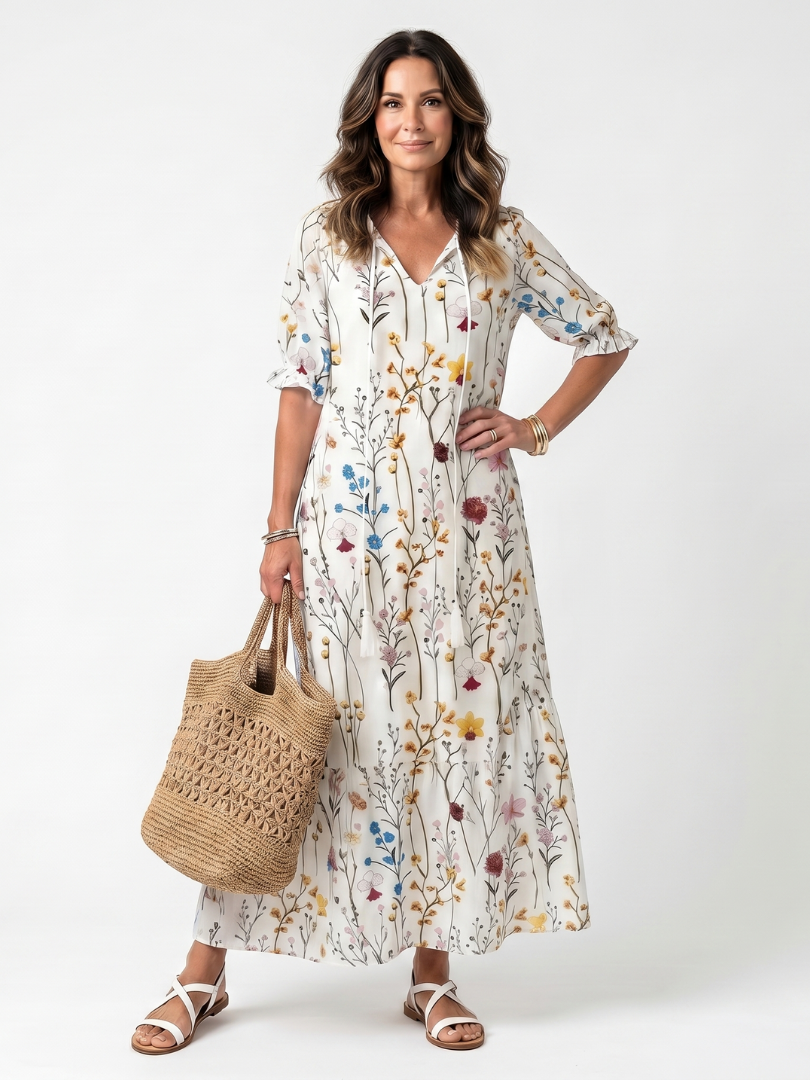 Sylvie | Midi-Kleid mit Quasten und botanischem Print