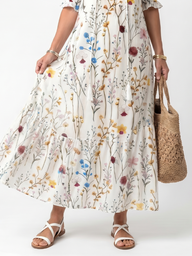 Sylvie | Midi-Kleid mit Quasten und botanischem Print