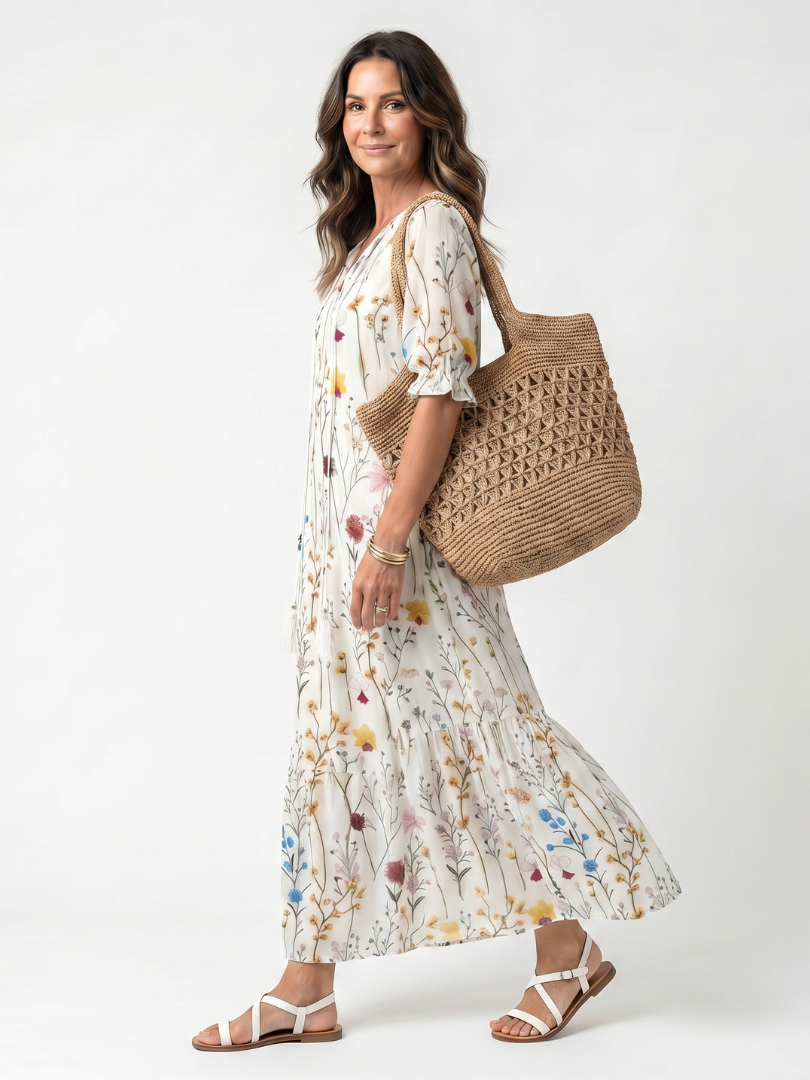 Sylvie | Midi-Kleid mit Quasten und botanischem Print