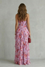Belladina | Romantische Rosen-Wasserfall Maxi-Kleid mit amerikanischem Ausschnitt