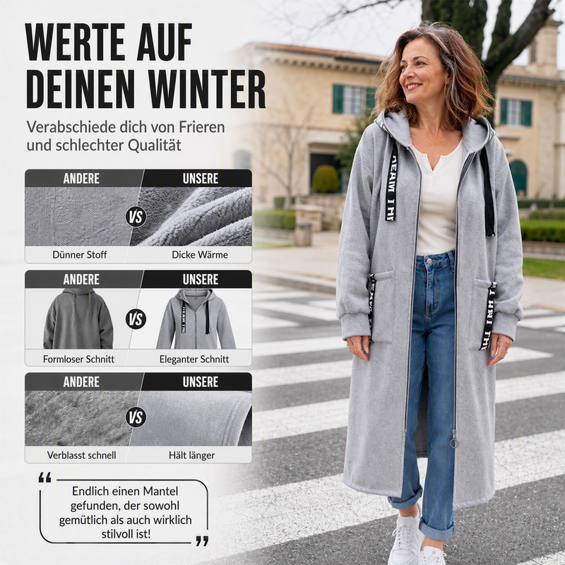 Romy | Langer Kapuzen-Mantel mit Reißverschluss