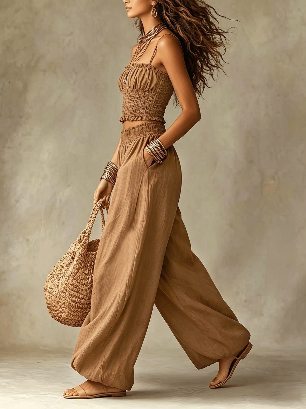 Zweiteiliges Set mit gesmoktem Crop-Top und weiter Hose