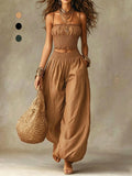Zweiteiliges Set mit gesmoktem Crop-Top und weiter Hose