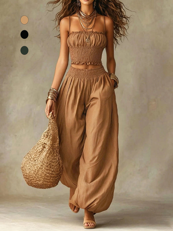 Zweiteiliges Set mit gesmoktem Crop-Top und weiter Hose