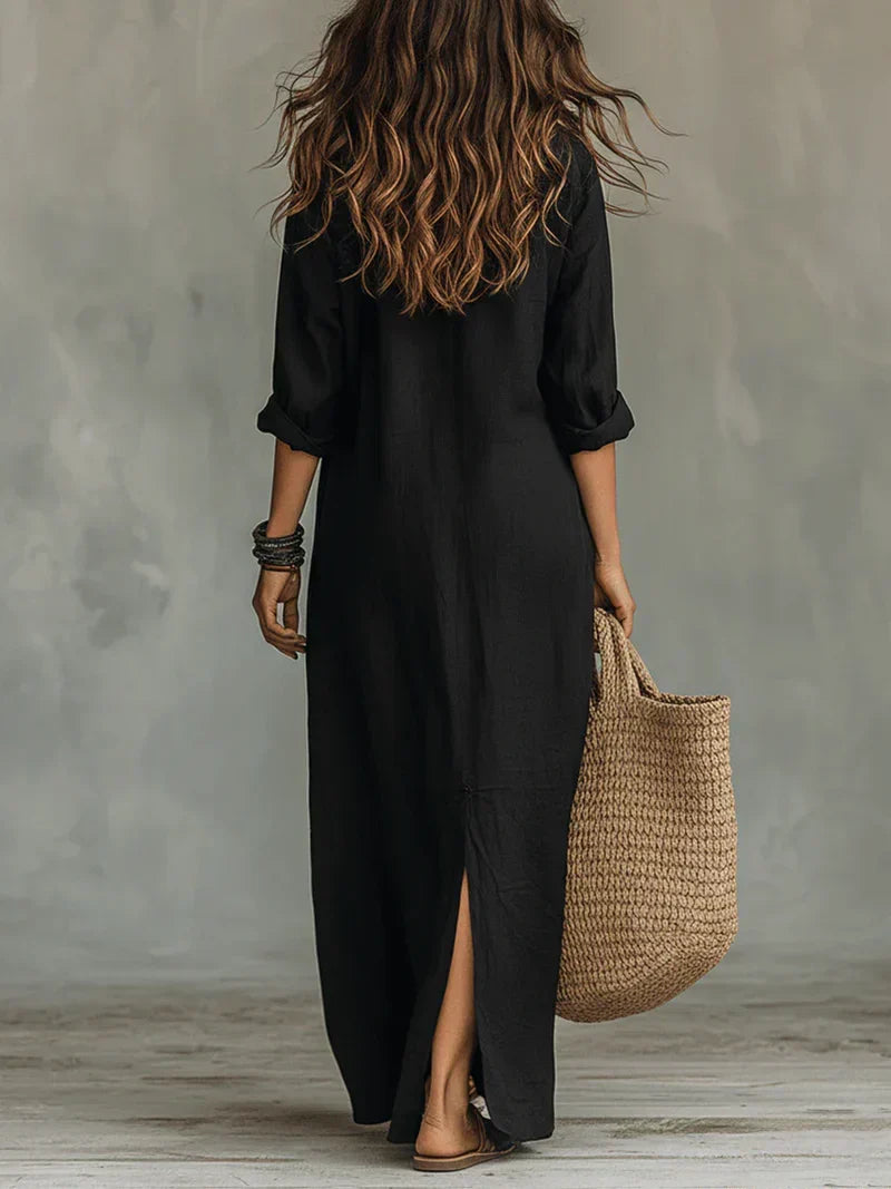 Céline™ | Maxikleid Schwarz Mit Knöpfen