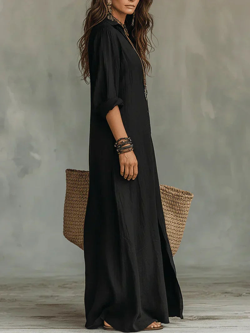 Céline™ | Maxikleid Schwarz Mit Knöpfen