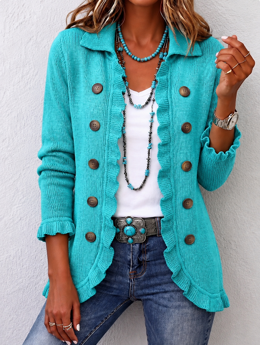 Marlies Türkise Strickjacke mit Rüschen