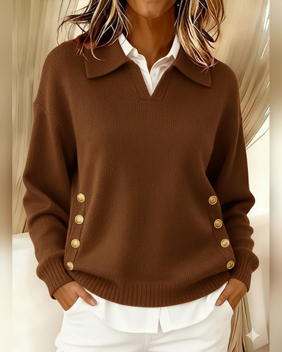 Christa | Pullover mit Polokragen und Knöpfen – Braun