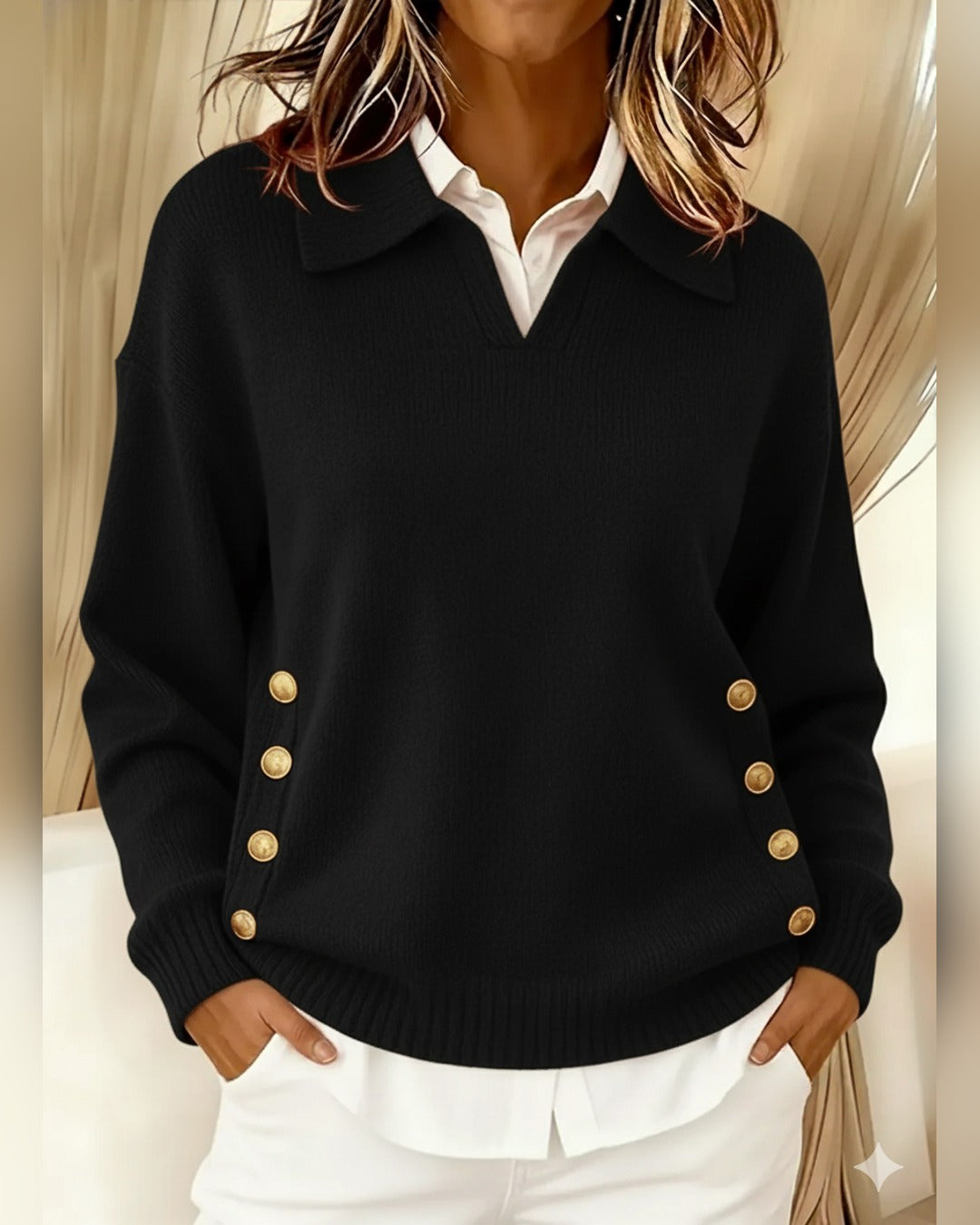 Christa | Pullover mit Polokragen und Knöpfen – Schwarz