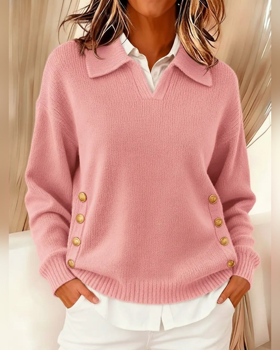 Christa | Pullover mit Polokragen und Knöpfen – Rosa