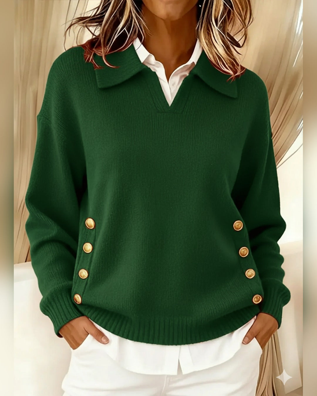 Christa | Pullover mit Polokragen und Knöpfen – Grün