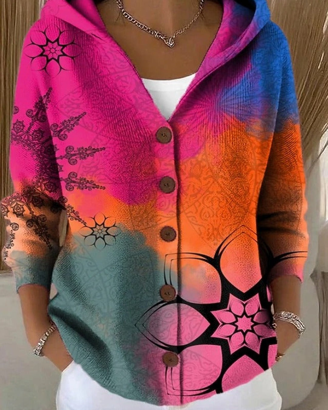 Elfriede | Kapuzen-Strickjacke mit Patchwork-Print – Fuchsia