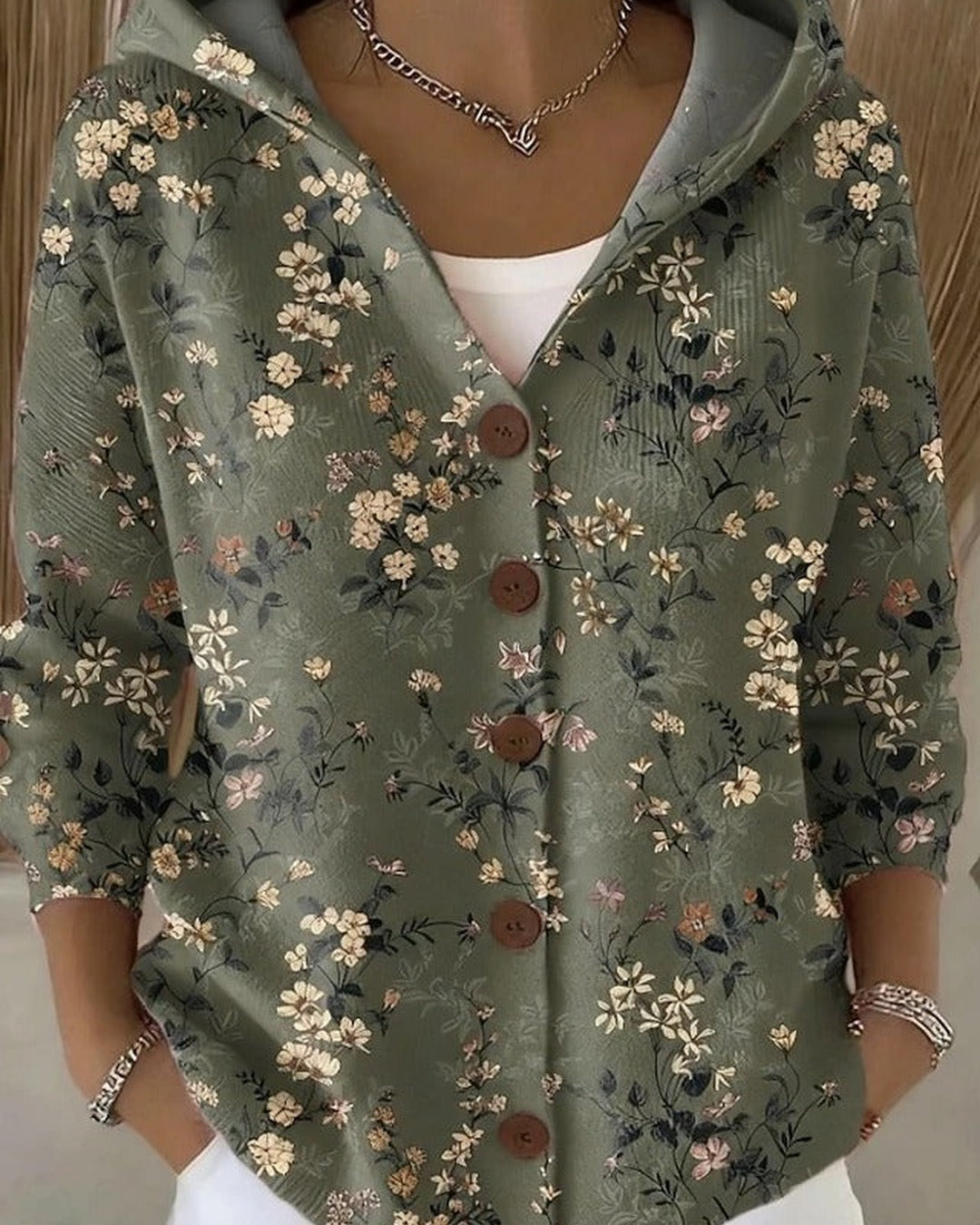 Elfriede | Kapuzen-Strickjacke mit Patchwork-Print – Dunkelgrün