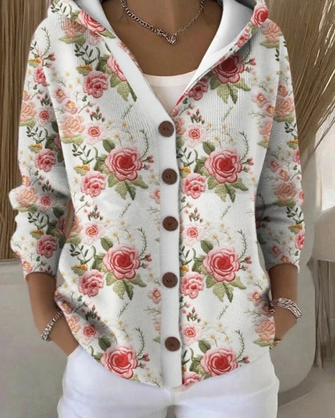 Elfriede | Kapuzen-Strickjacke mit Patchwork-Print – Rosa