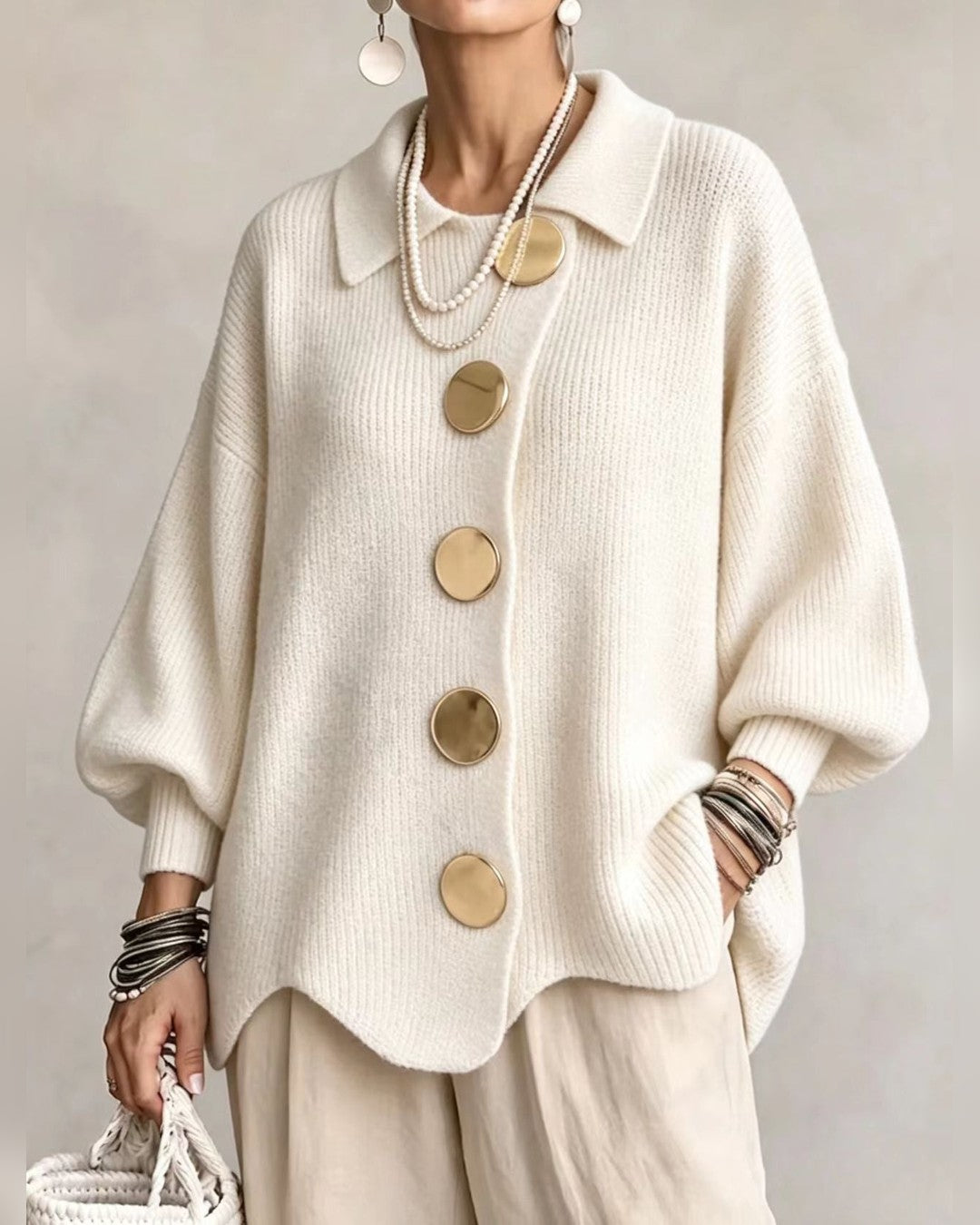 Erika | Oversize-Strickjacke mit goldenen Knöpfen – Elfenbein