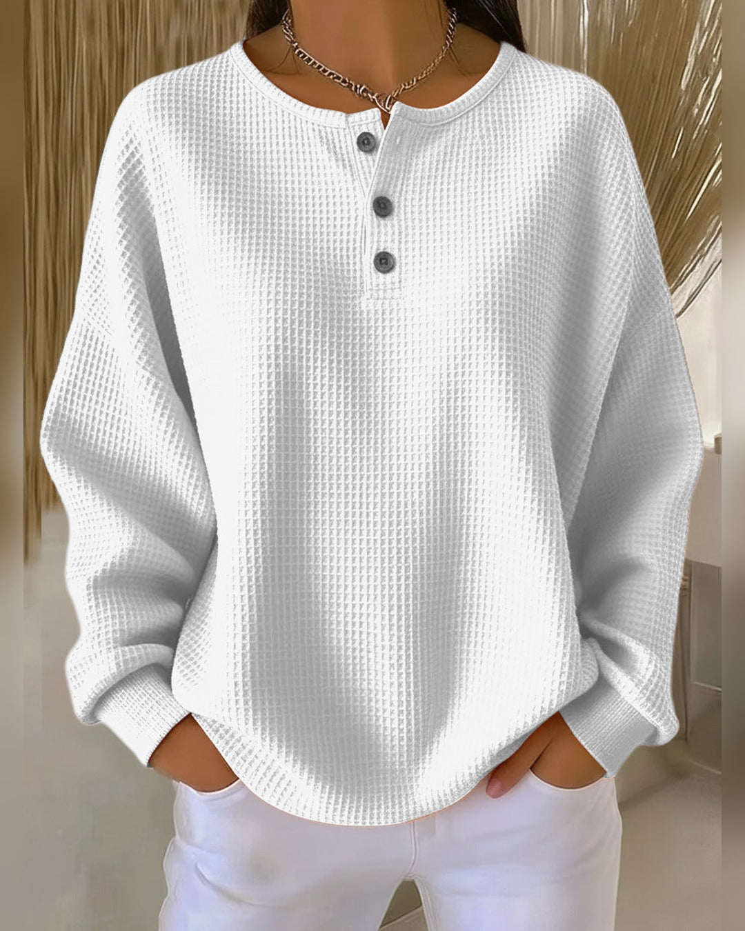 Erna | Waffelstrick-Pullover mit Henley-Ausschnitt – Weiß