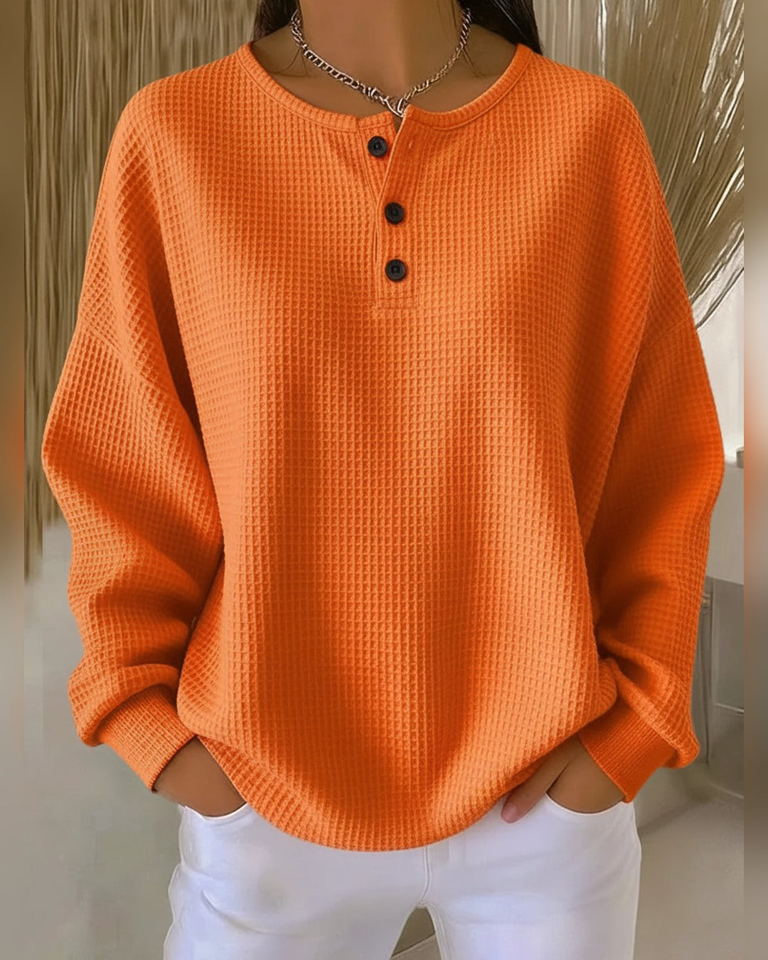 Erna | Waffelstrick-Pullover mit Henley-Ausschnitt – Orange