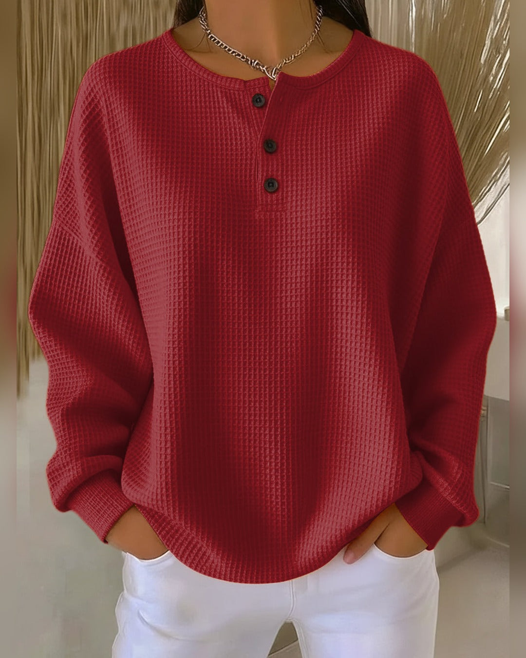 Erna | Waffelstrick-Pullover mit Henley-Ausschnitt – Rot