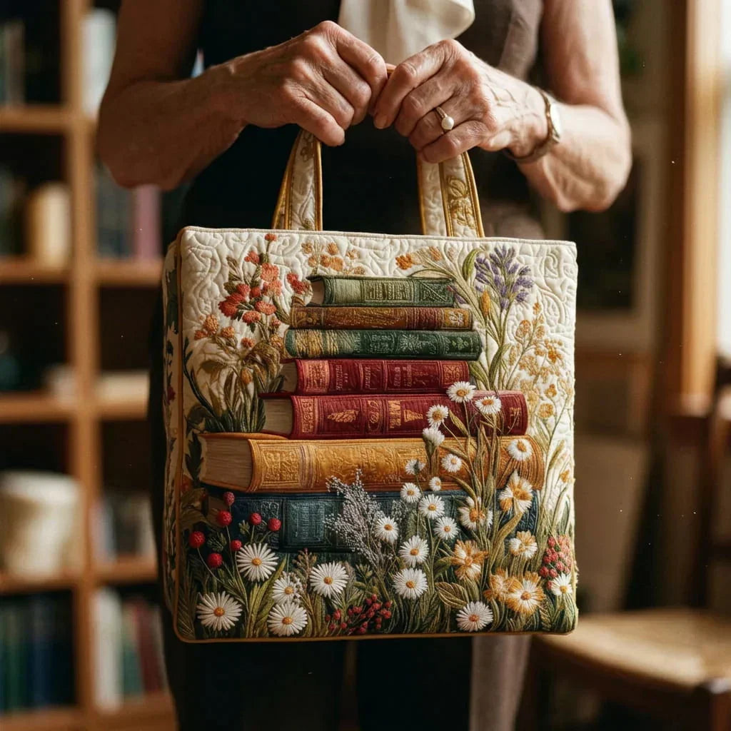 Blumenmuster mit Büchern gestepptes Tote-Bag