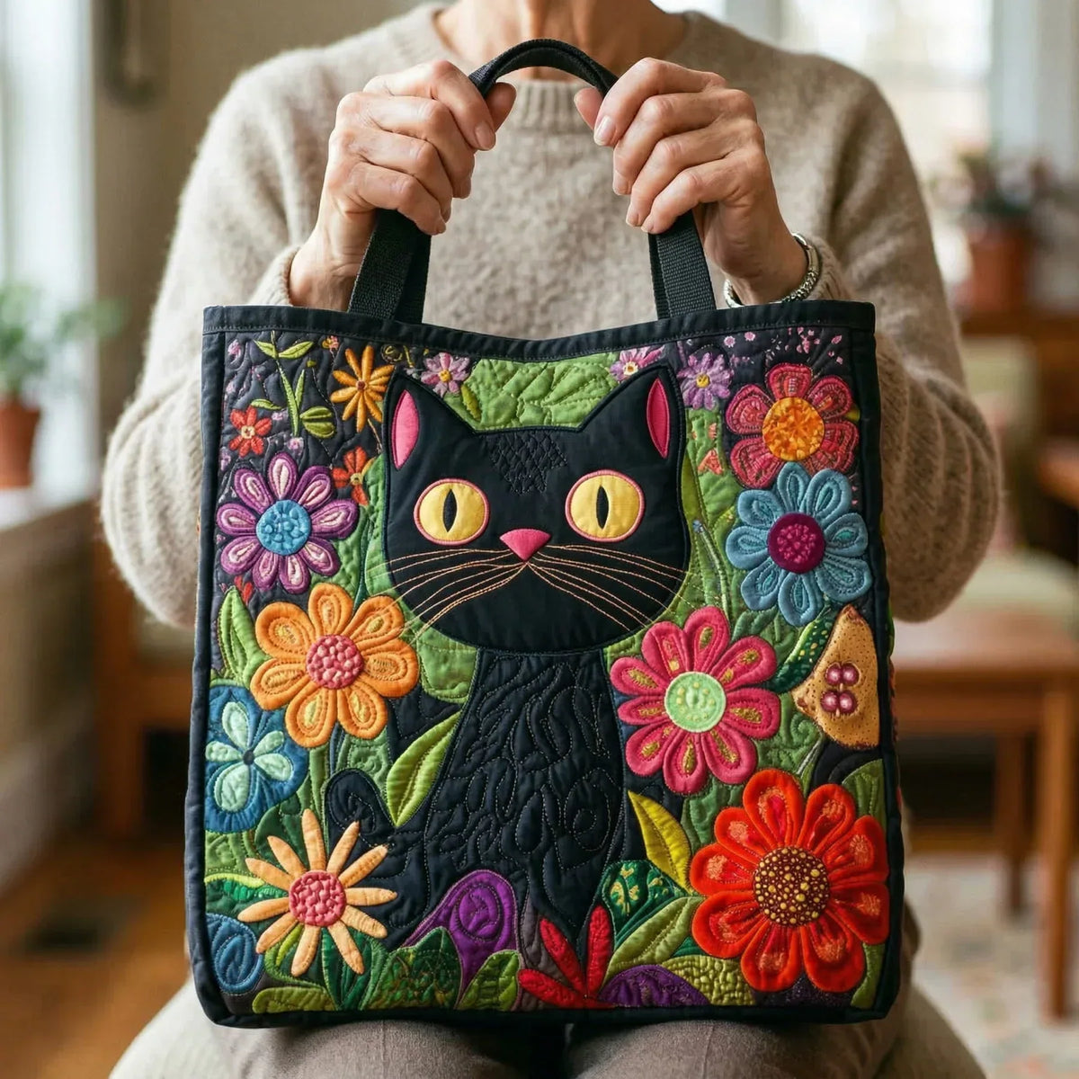 Schwarze Katze mit Blumen gestepptes Tragetasche
