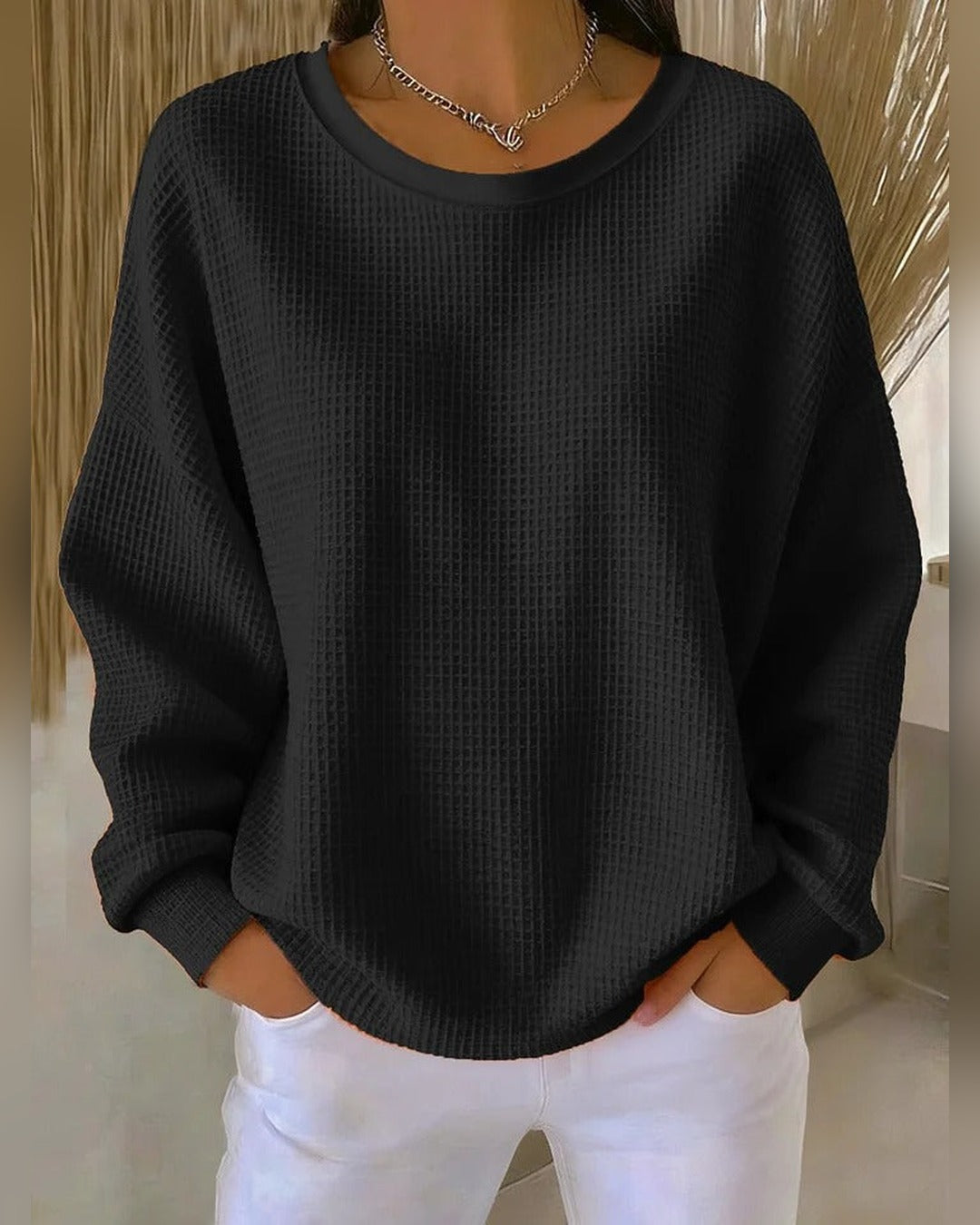 Gisela | Waffelstrick-Pullover – Schwarz