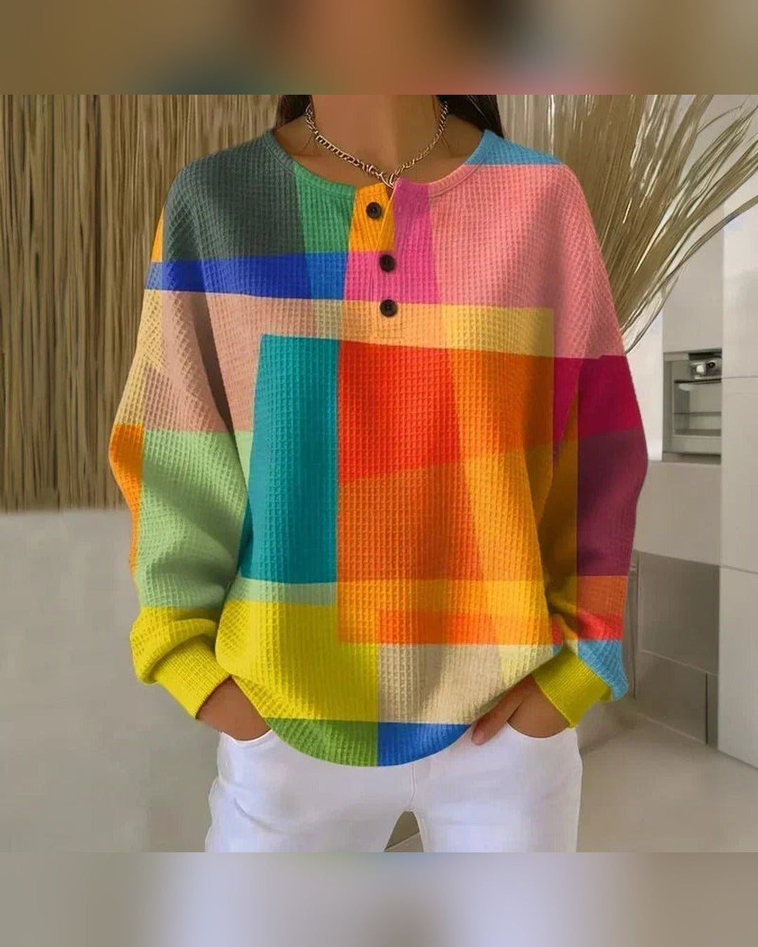 Hilde | Waffelstrick Pullover mit Henley-Ausschnitt – Multicolor