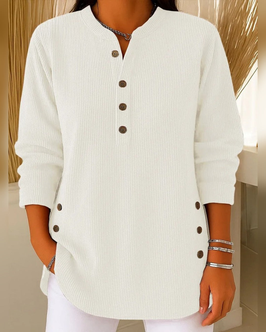 Ingrid | Strick-Tunika mit Henley-Ausschnitt – Weiß