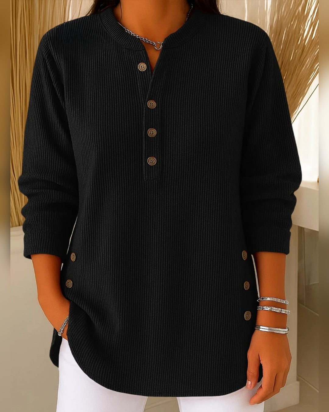 Ingrid | Strick-Tunika mit Henley-Ausschnitt – Zartrosa