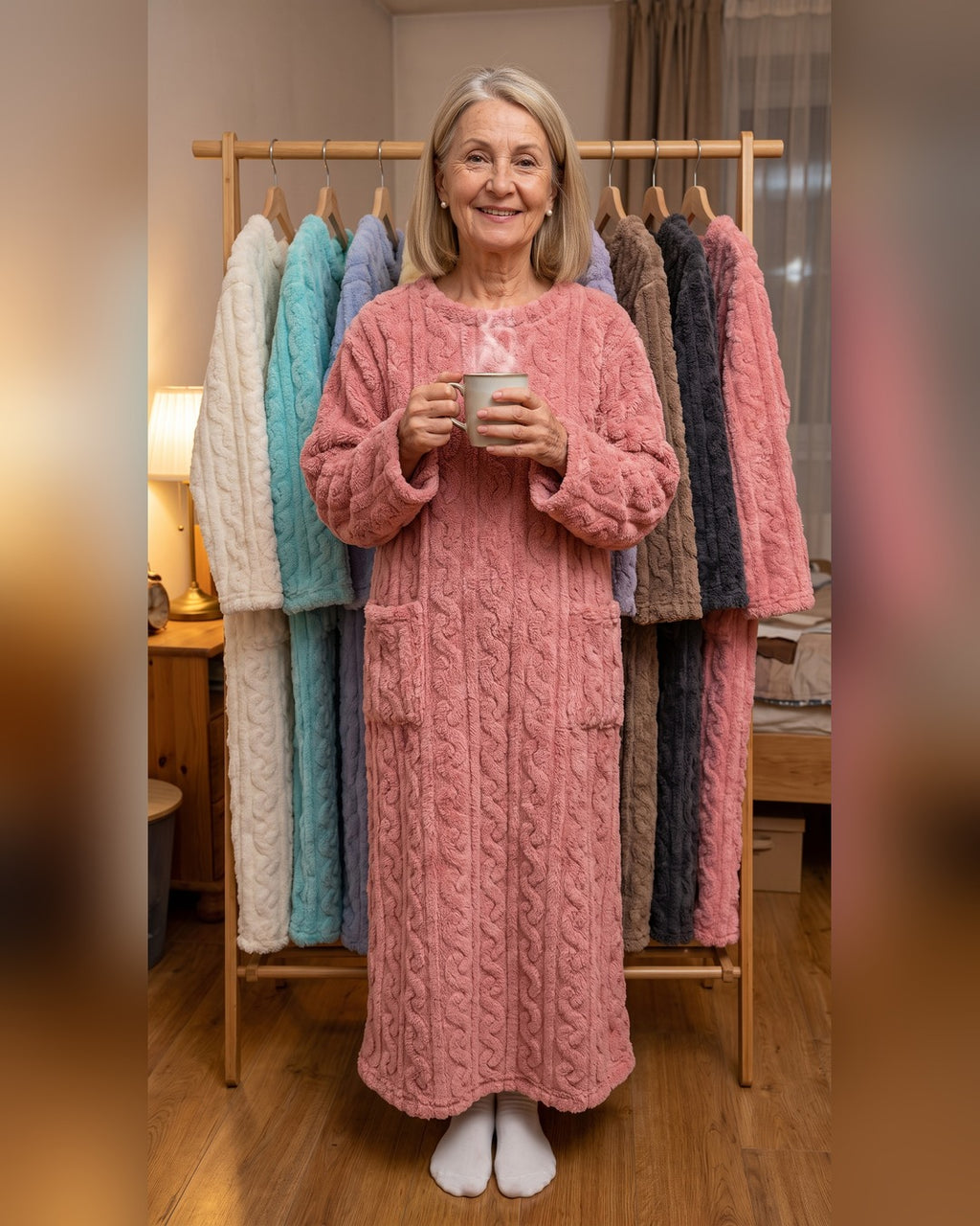 Kathi | Kuscheldecke zum Anziehen mit Taschen – Rosa – getragen