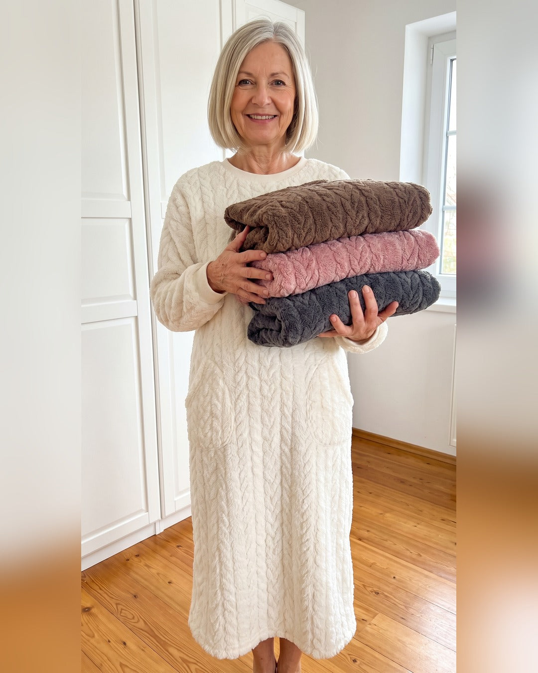 Kathi | Kuscheldecke zum Anziehen mit Taschen – Creme – getragen