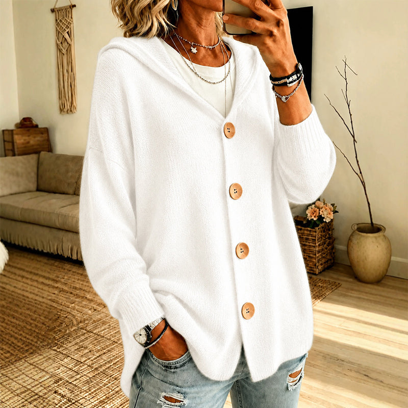 Lotta | Kapuzen-Strickjacke mit Knöpfen – Weiß