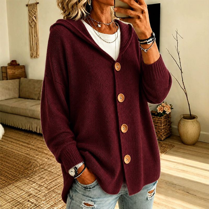 Lotta | Kapuzen-Strickjacke mit Knöpfen – Bordeaux