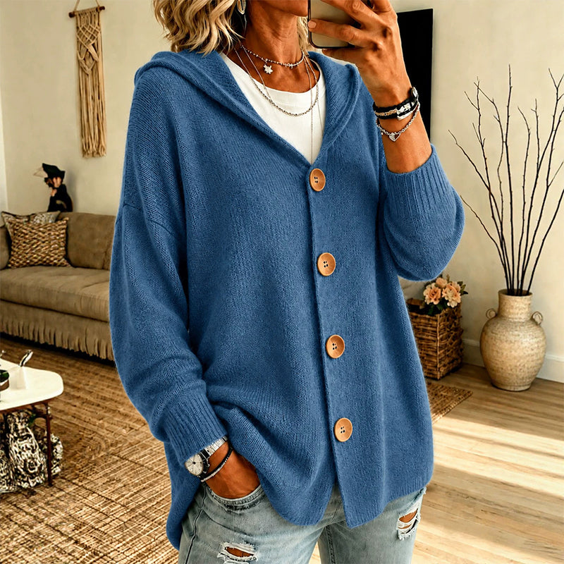 Lotta | Kapuzen-Strickjacke mit Knöpfen – Blau