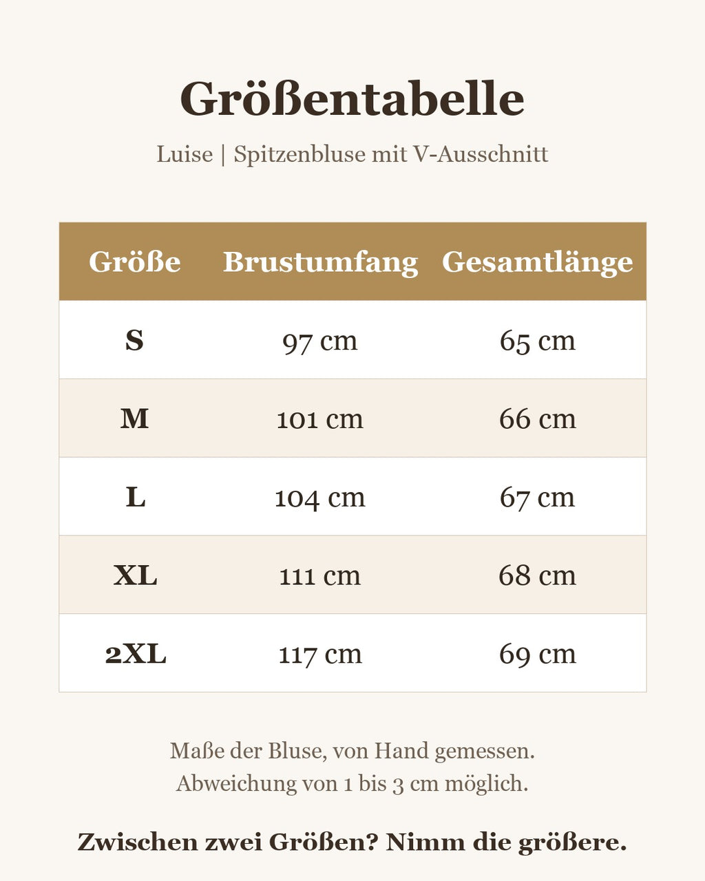 Luise | Spitzenbluse mit V-Ausschnitt – Ansicht Größentabelle
