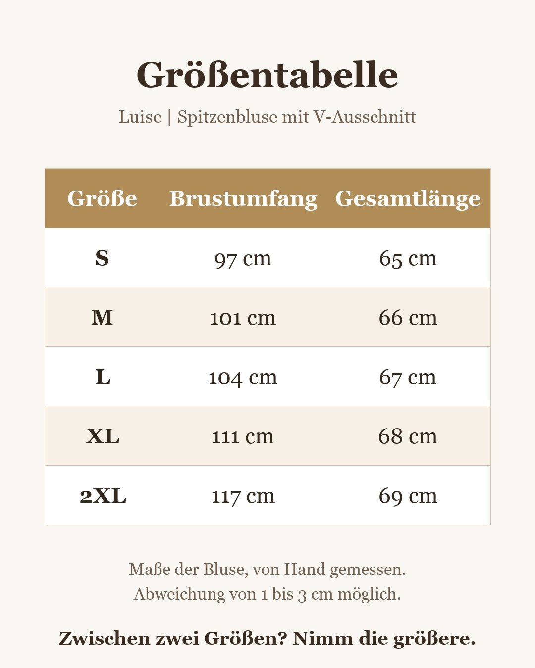 Luise | Spitzenbluse mit V-Ausschnitt – Ansicht Größentabelle