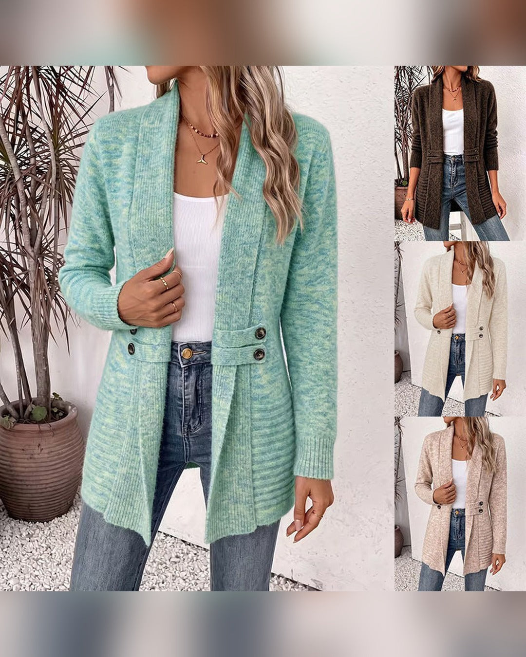 Margit | Strickjacke mit Schalkragen und Knopfriegel – Ansicht alle Farben