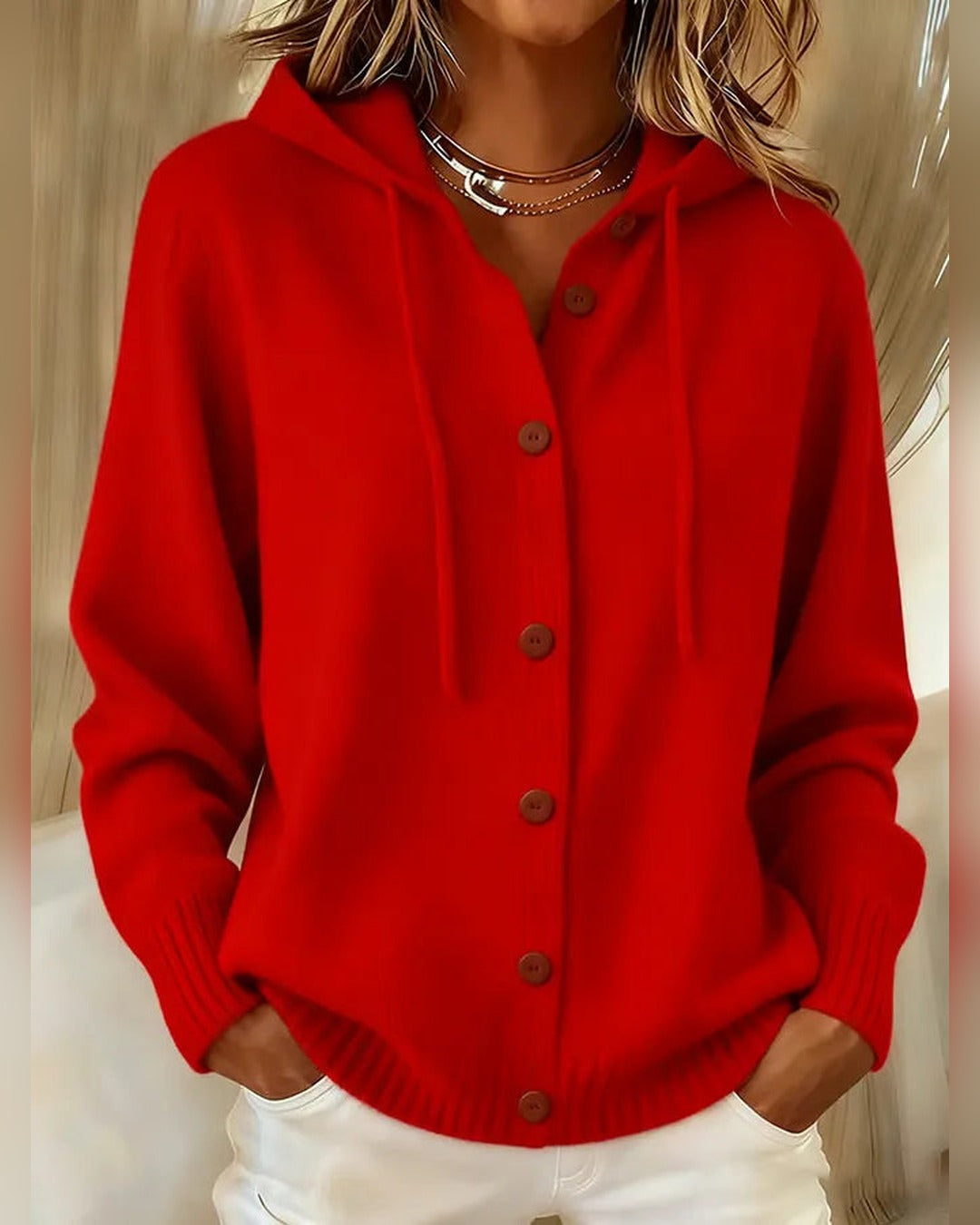 Martha | Strickjacke mit Kapuze und Knöpfen – Rot