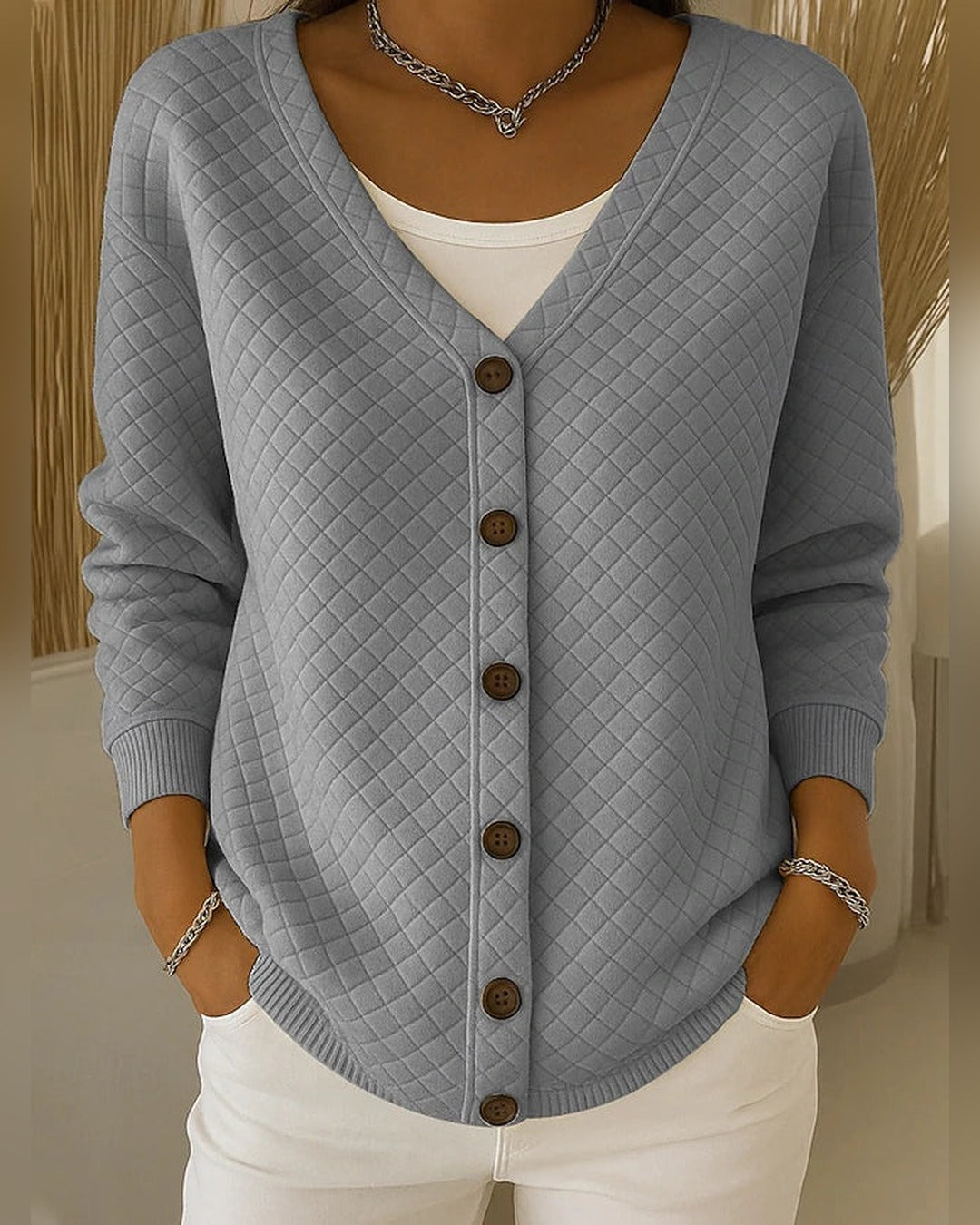 Rosa | Strickjacke mit Rautenmuster – Grau