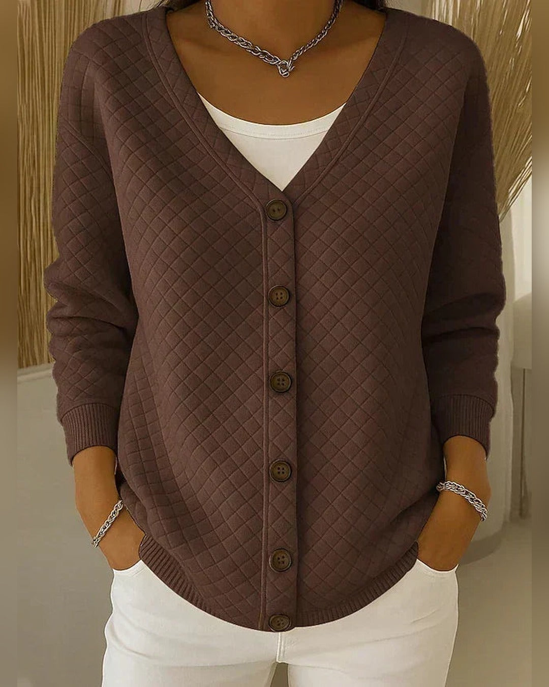 Rosa | Strickjacke mit Rautenmuster – Braun