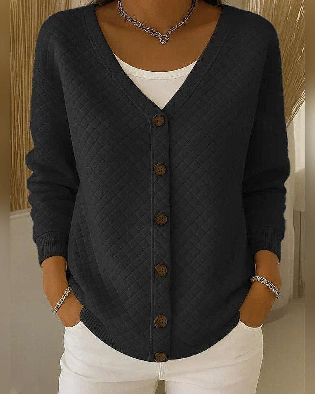 Rosa | Strickjacke mit Rautenmuster – Schwarz