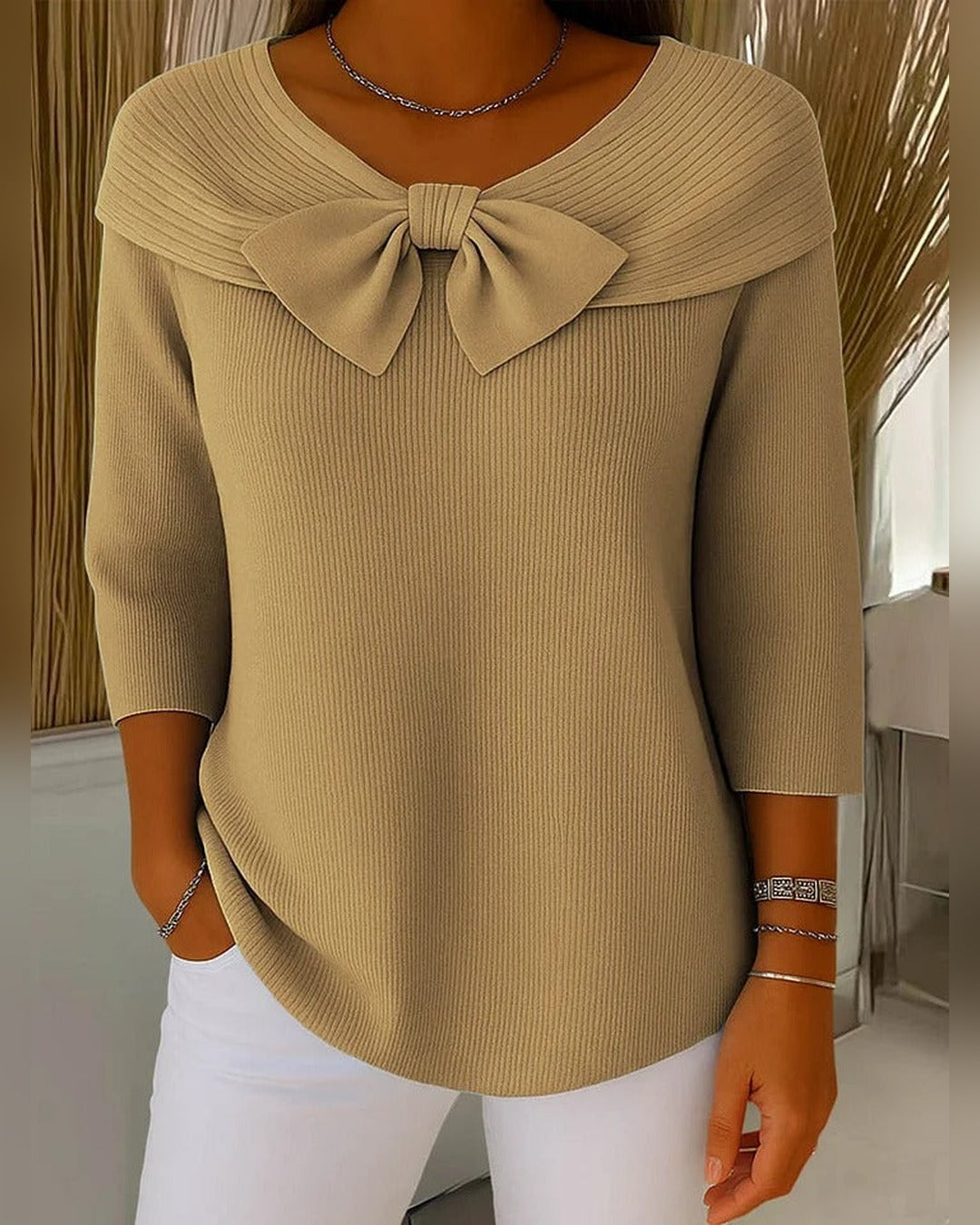 Sonja | Pullover mit Schleife und Rundkragen – Khaki