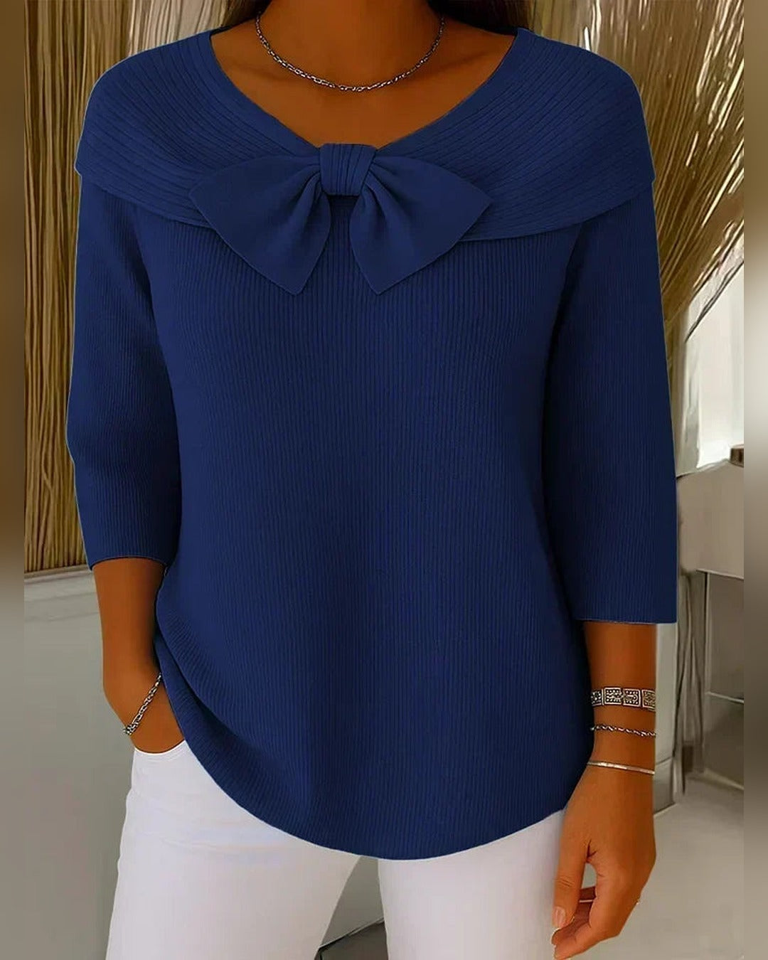 Sonja | Pullover mit Schleife und Rundkragen – Dunkelblau