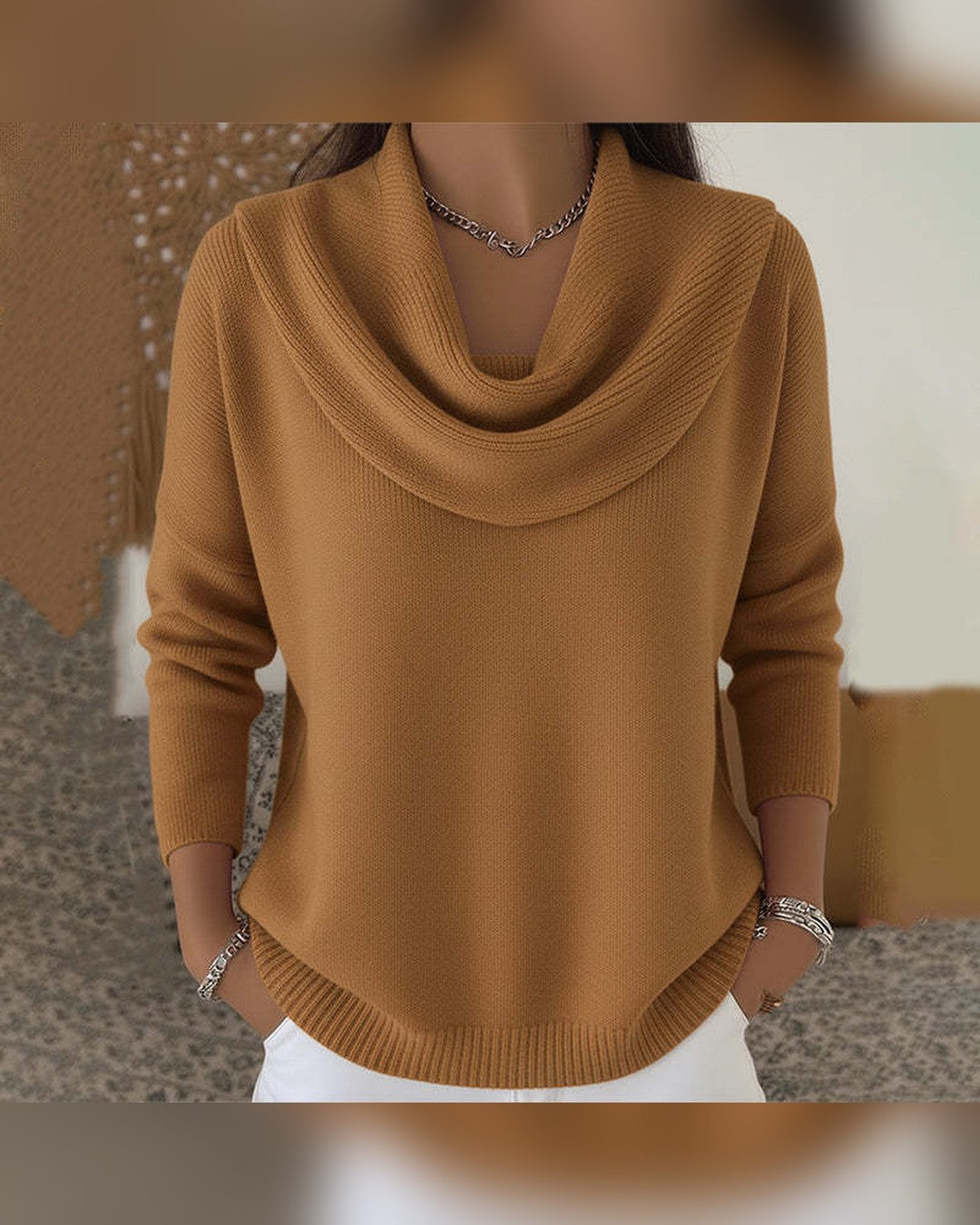 Theresa | Pullover mit Wasserfallkragen – Braun