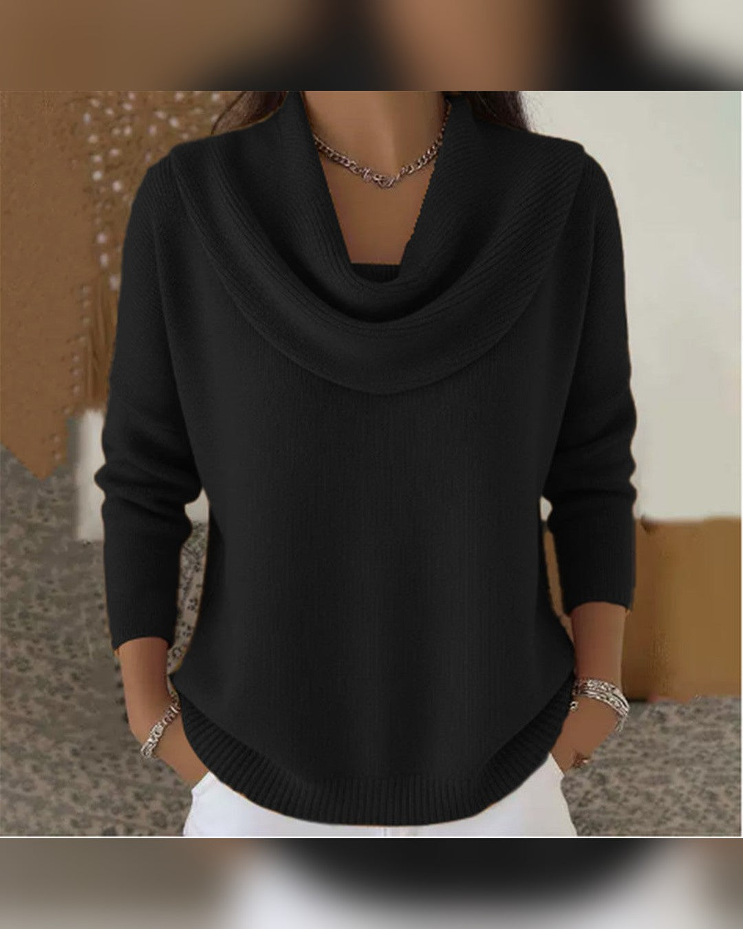 Theresa | Pullover mit Wasserfallkragen – Schwarz